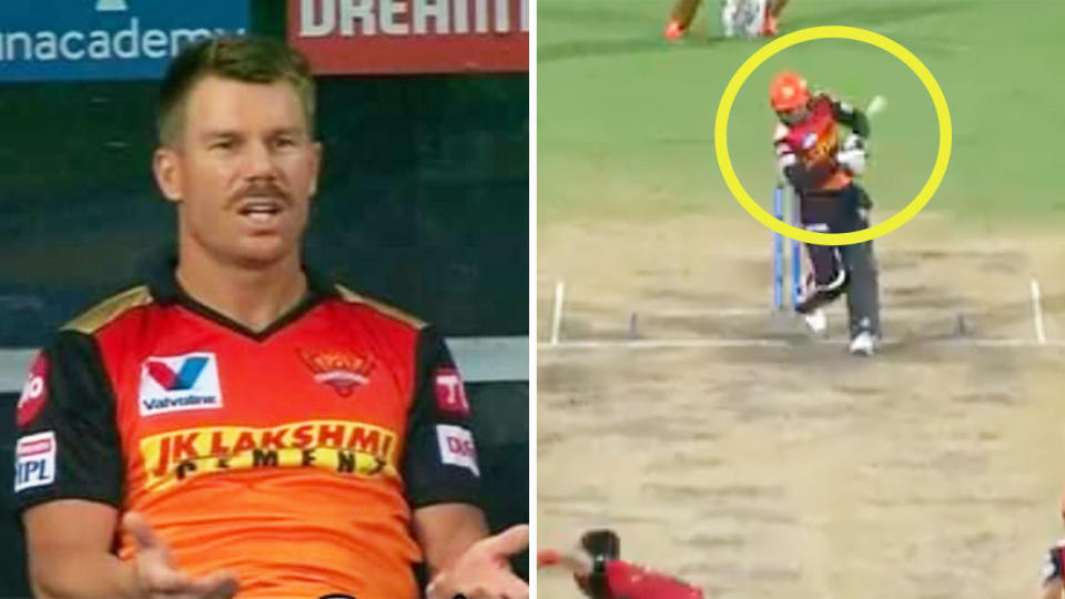 David Warner (pictured left) reacting angrily and Rashid Khan (pictured right) hitting a waist-high no ball during their IPL match.