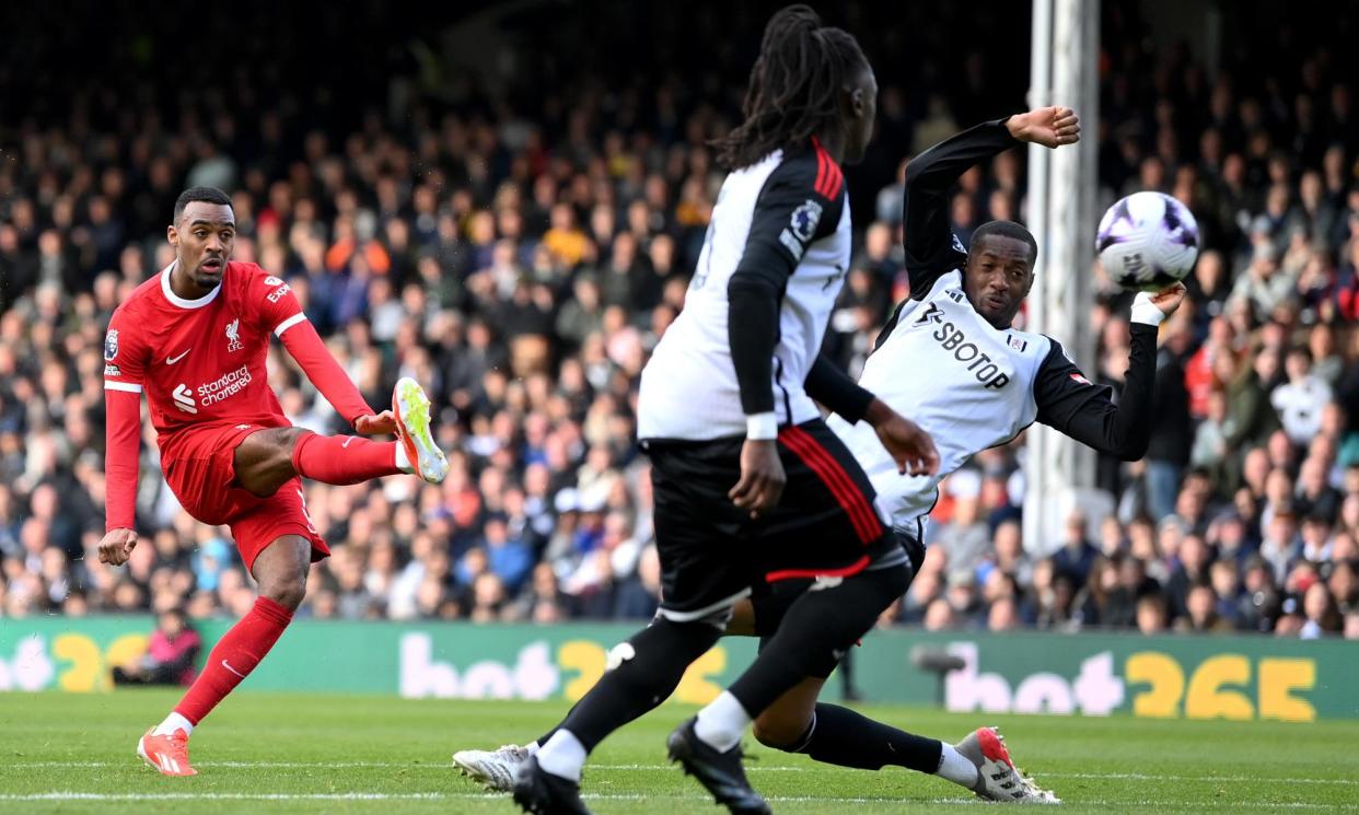 <span>Ryan Gravenberch restores Liverpool’s lead against Fulham.</span><span>Photograph: Justin Setterfield/Getty Images</span>