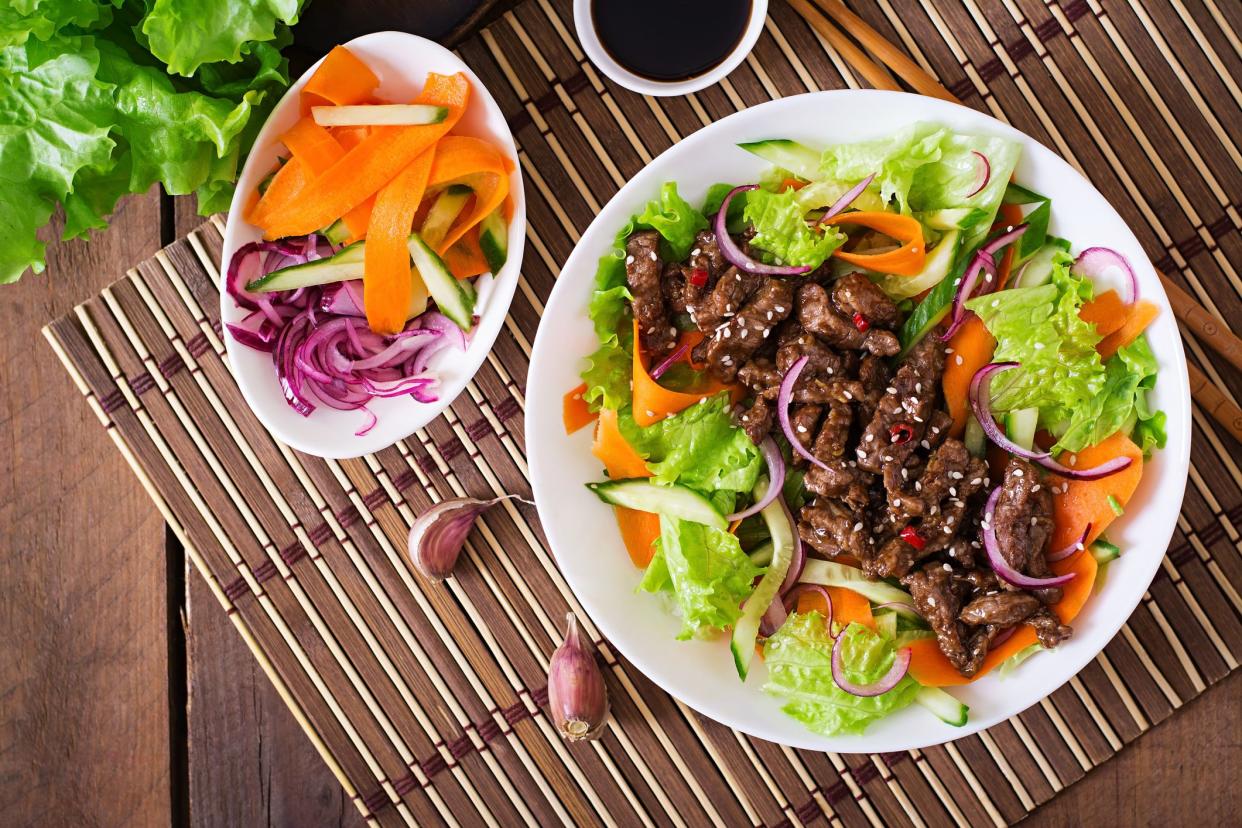 Salad with beef teriyaki. Top view