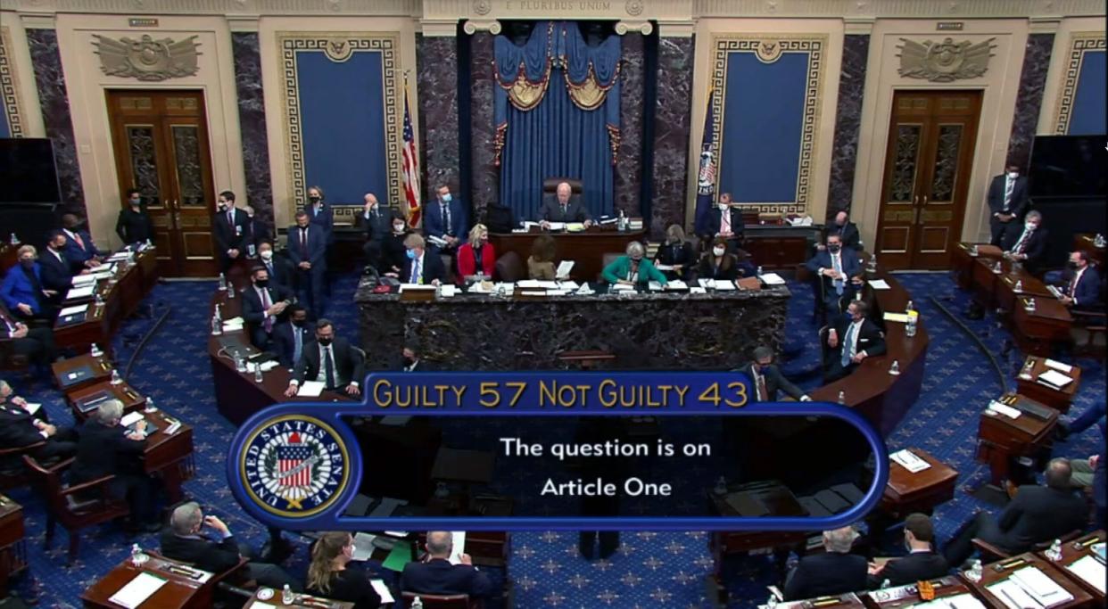 In this screenshot taken from a congress.gov webcast, the Senate votes 57-43 to acquit former President Donald Trump in his second impeachment trial at the U.S. Capitol on Feb. 13, 2021. (Photo: Handout via Getty Images)