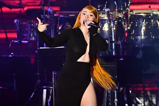 Ice Spice performs onstage during the Recording Academy and Clive Davis' Salute To Industry Icons pre-Grammy gala at the Beverly Hilton hotel in Beverly Hills on February 3 - Credit: Frederic J. Brown / AFP