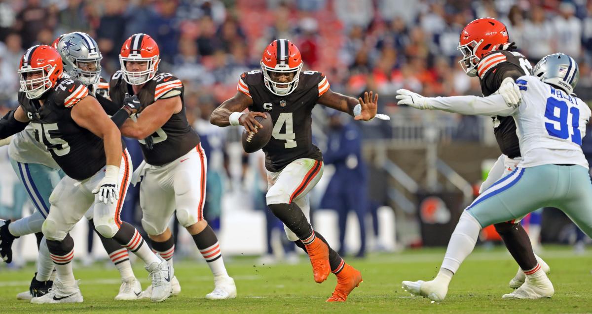 James Hudson III and the Browns offensive line struggle with the pressure and penalties of the Cowboys in the loss