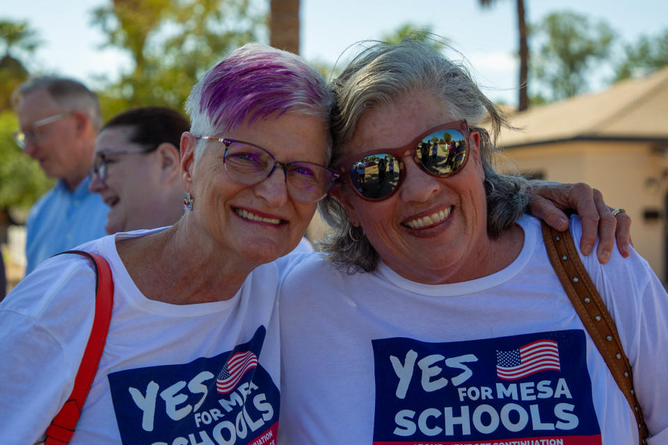 Marcie Hutchinson (left) and Pam Back pose for a photo before driving to the post office in Mesa on Oct. 10, 2023.