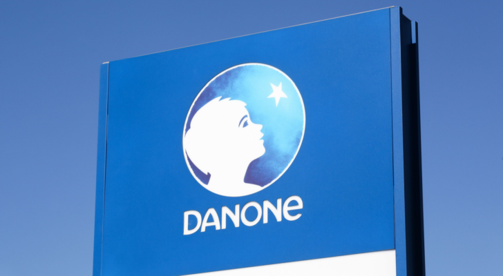 Danone logo on a panel. Danone is a French multinational food-products corporation (DANOY) based in Paris.