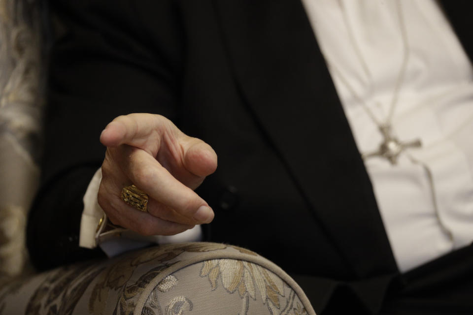 Australian Cardinal George Pell is interviewed by The Associated Press in his home at the Vatican, Thursday, May 20, 2021. Pell, who was convicted and then acquitted of sex abuse charges in his native Australia, is spending his newfound freedom in Rome. Pell strongly denied the charges and his supporters believe he was scapegoated for the Australian Catholic Church’s botched response to clergy sexual abuse. (AP Photo/Gregorio Borgia)