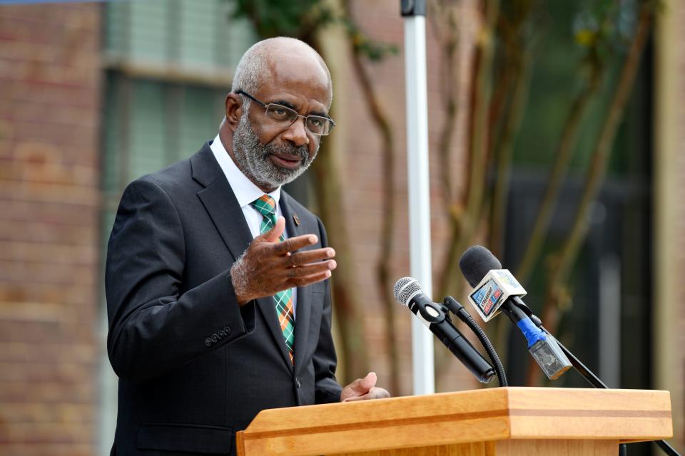 Florida A&M University President Larry Robinson speaks during a ceremony Wednesday to mark the 10th anniversary of the Durell Peaden Jr. Rural Pharmacy Education Campus in Crestview.