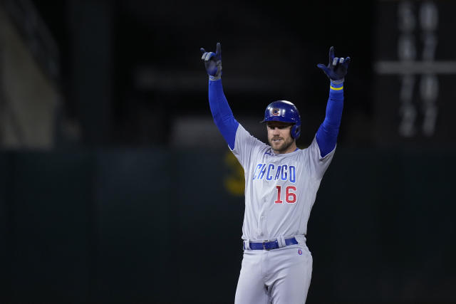 Chicago Cubs catcher Yan Gomes, left, and pitcher Michael Rucker celebrate  the team's 4-0 victory over the Oakland Athletics in a baseball game in  Oakland, Calif., Tuesday, April 18, 2023. (AP Photo/Godofredo