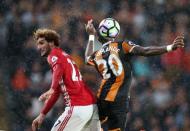 Football Soccer Britain- Hull City v Manchester United - Premier League - The Kingston Communications Stadium - 27/8/16 Manchester United's Marouane Fellaini in action with Hull City's Adama Diomande Reuters / Scott Heppell
