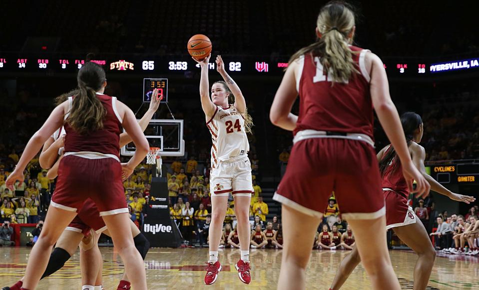 Iowa State Cyclones forward Addy Brown (24) takes a three point shot against Oklahoma during the fourth quarter of a NCAA women's basketball at Hilton Coliseum on Saturday, Feb. 10 2024, in Ames, Iowa.