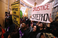 <p>Protesters stand outside of council chambers during a special city council meeting at Sacramento City Hall on March 27, 2018 in Sacramento, Calif. (Photo: Justin Sullivan/Getty Images) </p>