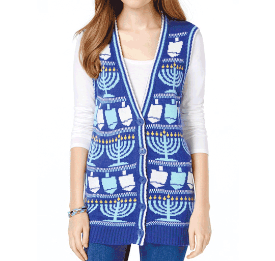 This snazzy dreidel-laden sweater vest is proof that the ugly sweater movement can transcend cultural and religious beliefs in a way that only an unflattering, ridiculous looking knitted piece of clothing can.