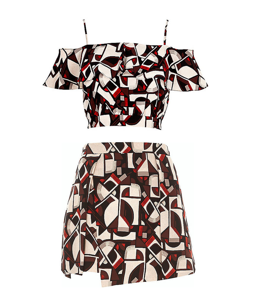 River Island Geometric Ruffle Top and A-Line Skirt