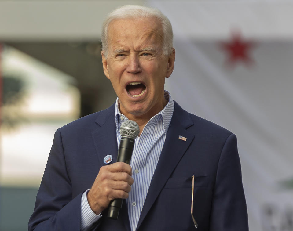 FILE - In this Nov. 14, 2019, file photo, Democratic presidential candidate former Vice President Joe Biden addresses the Santa Clarita, Calif., shooting at Saugus High School, during a campaign rally at Los Angeles Trade Technical College in Los Angeles. North Korea called Biden a “rabid dog” that “must be beaten to death with a stick” in its latest swipe against foreign and political leaders it sees as hostile to the North’s leadership. The commentary published by Pyongyang’s official Korean Central News Agency said the U.S. presidential hopeful “reeled off a string of rubbish against the dignity” of the North’s supreme leadership and deserves “merciless punishment.” (AP Photo/Damian Dovarganes, File)