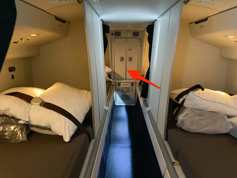An arrow points to the closet in the back of the crew rest area.