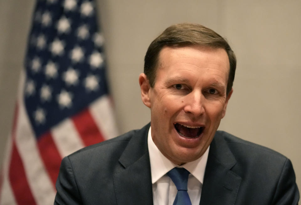 U.S. Senator Chris Murphy (D-CT) speaks during a press conference in the U.S. embassy in Belgrade, Serbia, Tuesday, April 19, 2022. A U.S. Senate delegation on Tuesday urged Serbia to join the rest of Europe and impose sanctions against Russia for its bloody carnage in Ukraine. Although Serbia voted in favor of three UN resolutions condemning the Russian aggression against Ukraine, it has not joined international sanctions against Moscow. (AP Photo/Darko Vojinovic)