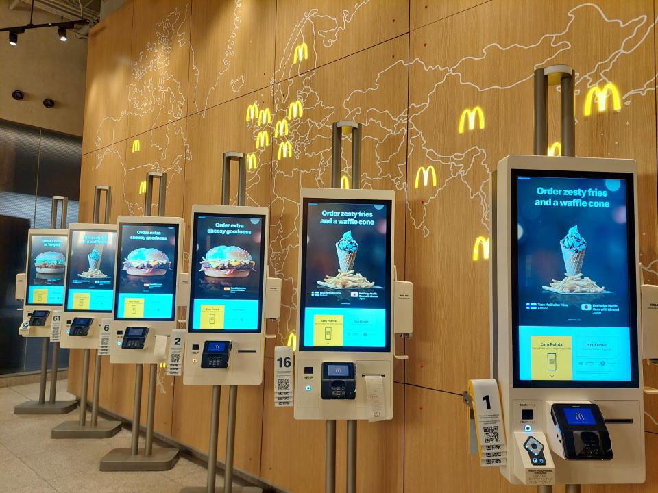 Order kiosks at the McDonald's global restaurant in Chicago