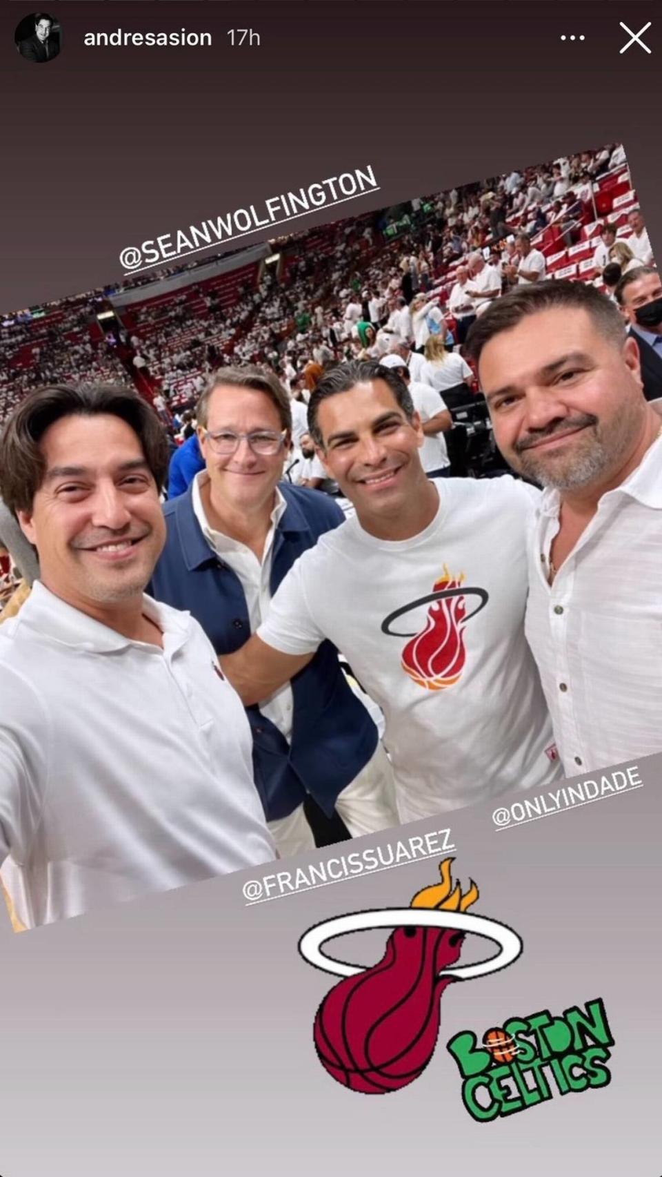 A selfie posted to Instagram by Miami real estate specialist Andres Asion depicts him courtside at the Miami Heat Eastern Conference Playoff opener with Mayor Francis Suarez and tech entrepreneur Sean Wolfington. (Photo provided by Andres Asion/Instagram)