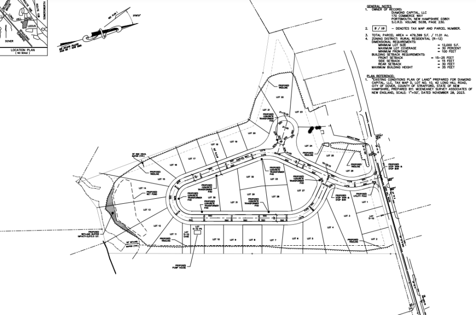 A major single-family home subdivision proposal will go before Dover's Technical Review Committee on Jan. 4, 2024. A total of 34 detached single-family lots at 42 Long Hill Road are proposed in the plan by property owner and applicant Diamond Capital, LLC, a Portsmouth-based company.