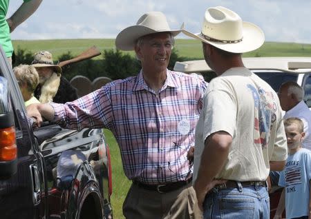 Democratic Senate candidate Dave Domina (L) talks with Rick Sirek prior to a parade in the town of Elgin, Nebraska June 22, 2014. REUTERS/Darin Epperly