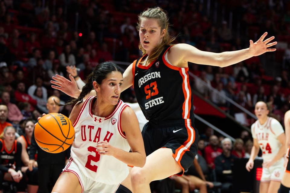 Utah Utes guard Ines Vieira (2) dribbles the ball with Oregon State Beavers forward Kelsey Rees (53) on defense during the women’s college basketball game between the Utah Utes and the Oregon State Beavers at the Jon M. Huntsman Center in Salt Lake City on Friday, Feb. 9, 2024. | Megan Nielsen, Deseret News