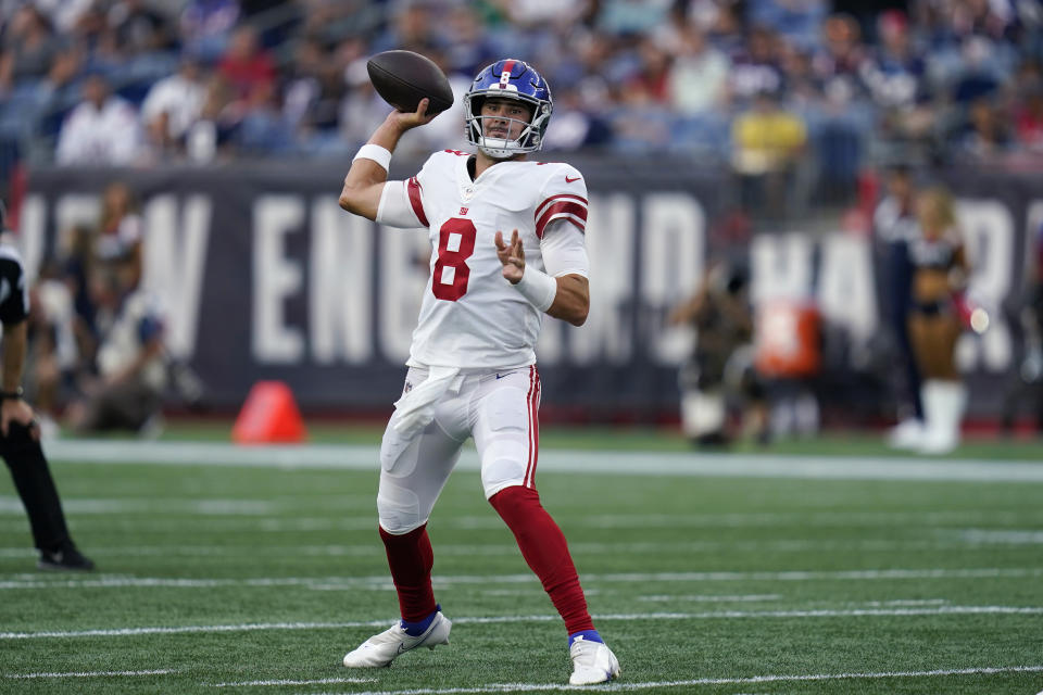 New York Giants quarterback Daniel Jones prepares to throw a pass against the New England Patriots during the first half of a preseason NFL football game Thursday, Aug. 11, 2022, in Foxborough, Mass. (AP Photo/Charles Krupa)