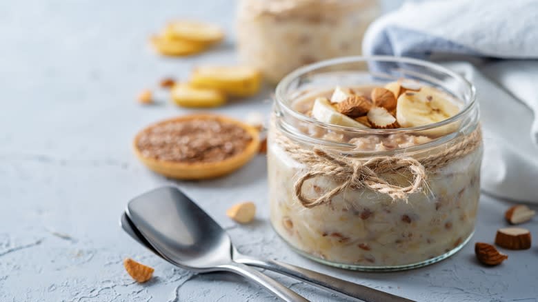 overnight oats in glass jar on tabletop