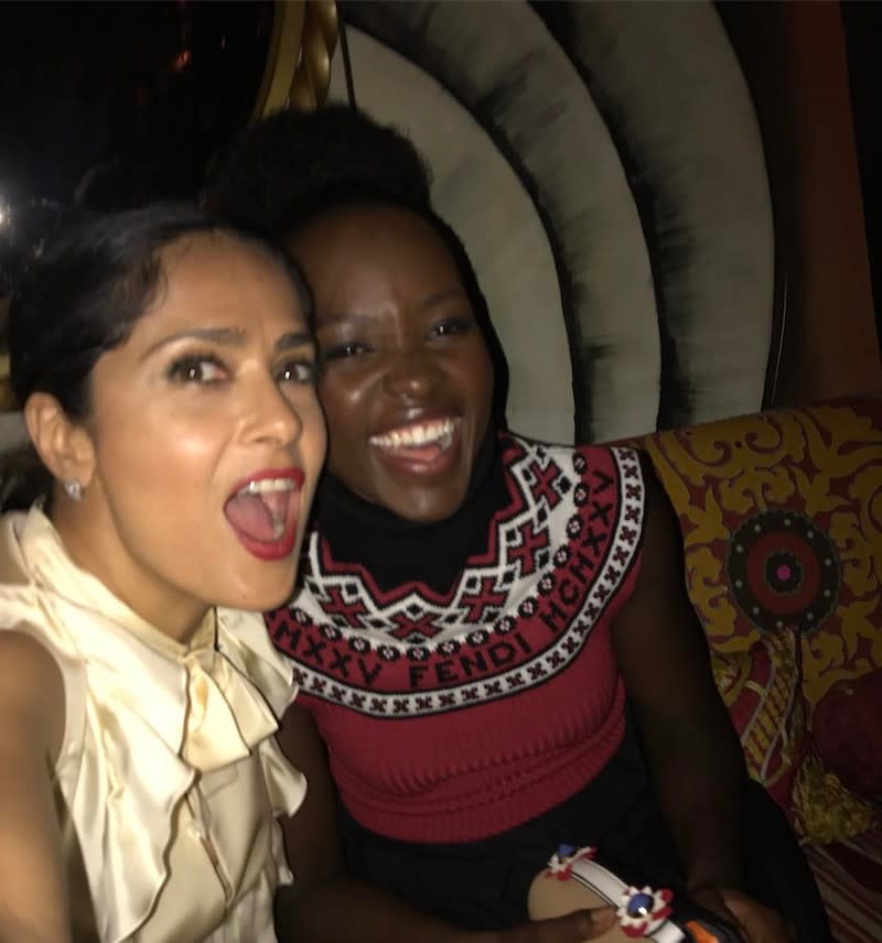 <p>Girls’ night out! Hayek was having the best time hanging out with Lupita Nyong’o and couldn’t resist giving the Oscar winner a shout-out on Instagram: “Her Spanish is so good!” (Photo: <a rel="nofollow noopener" href="https://www.instagram.com/p/BUK1egWhYwU/" target="_blank" data-ylk="slk:Salma Hayek via Instagram;elm:context_link;itc:0;sec:content-canvas" class="link ">Salma Hayek via Instagram</a>) </p>