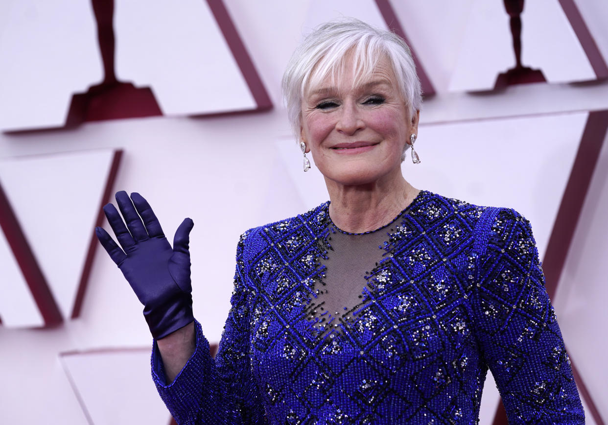 Glenn Close arrives at the Oscars on Sunday, April 25, 2021, at Union Station in Los Angeles. (AP Photo/Chris Pizzello, Pool)