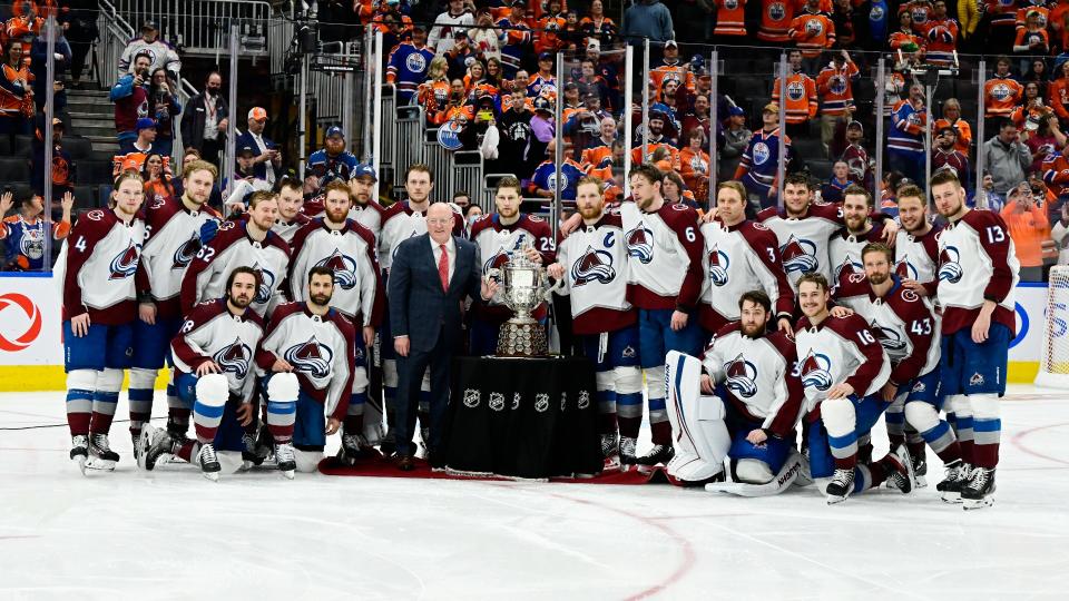 Colorado Avalanche captain Gabriel Landeskog ignored superstition when he put his hand on the Clarence Campbell Bowl as he and his teammates celebrated a berth in the Stanley Cup finals. (Getty Images)
