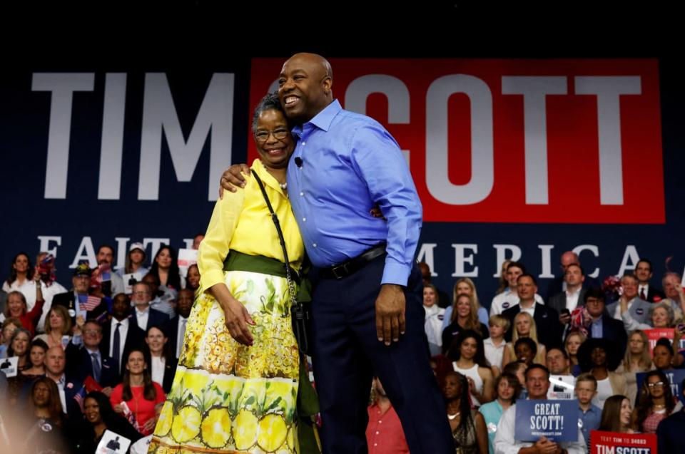 <div class="inline-image__caption"><p>Tim Scott hugs his mother Frances as he announces his candidacy for the 2024 Republican presidential race in North Charleston, South Carolina on May 22, 2023.</p></div> <div class="inline-image__credit">RANDALL HILL/Reuters</div>