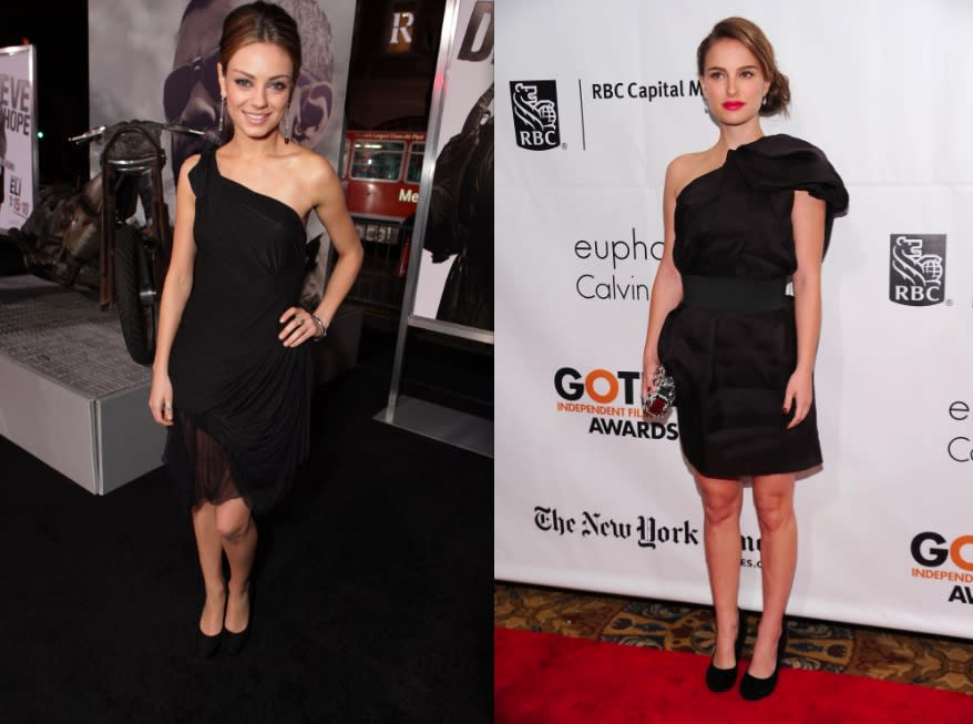 Mila and Natalie in black one shoulder dresses