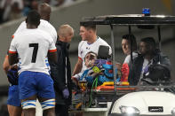 Namibia's Le Roux Malan is taken off the field on a stretcher after getting injured during the Rugby World Cup Pool A match between New Zealand and Namibia at the Stadium de Toulouse in Toulouse, France, Friday, Sept. 15, 2023. (AP Photo/Themba Hadebe)
