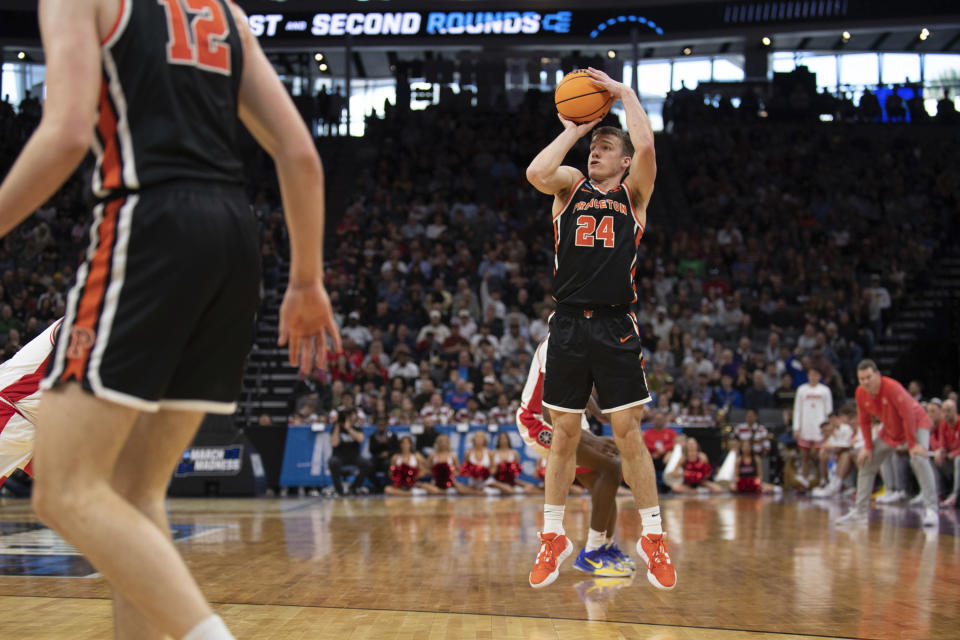 Princeton guard Blake Peters (24) shoots a 3-pointer during the second half of the team's first-round college basketball game against the Arizona in the men's NCAA Tournament in Sacramento, Calif., Thursday, March 16, 2023. Princeton won 59-55. (AP Photo/José Luis Villegas)