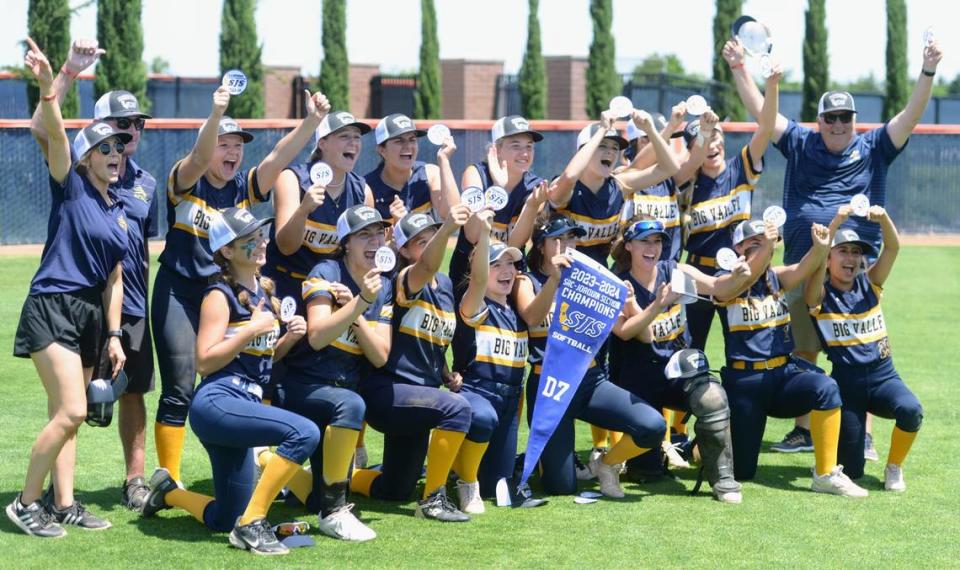 Big Valley Christian players and coaches take a picture after winning the 2024 Sac-Joaquin Section Division VII championship at Cosumnes River College on May 18, 2024. It is their second title in three years.