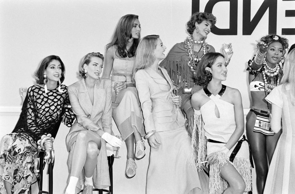 Models Tatjana Patitz, Gail Elliott, Linda Evangelista, Marpessa Hennink, and Naomi Campbell for Fendi Spring 1992 Ready to Wear. (Emanuele Sardella / Getty Images)