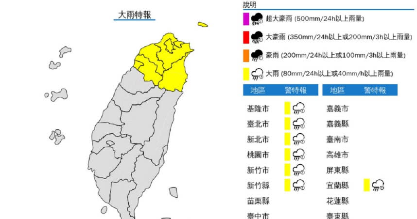 中央氣象署今（18日）針對新竹以北等7縣市發布大雨特報。（圖／中央氣象署提供）