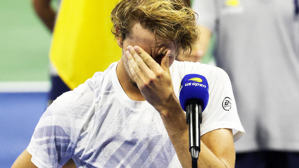 Alexander Zverev, pictured here in tears during his US Open runner-up speech.