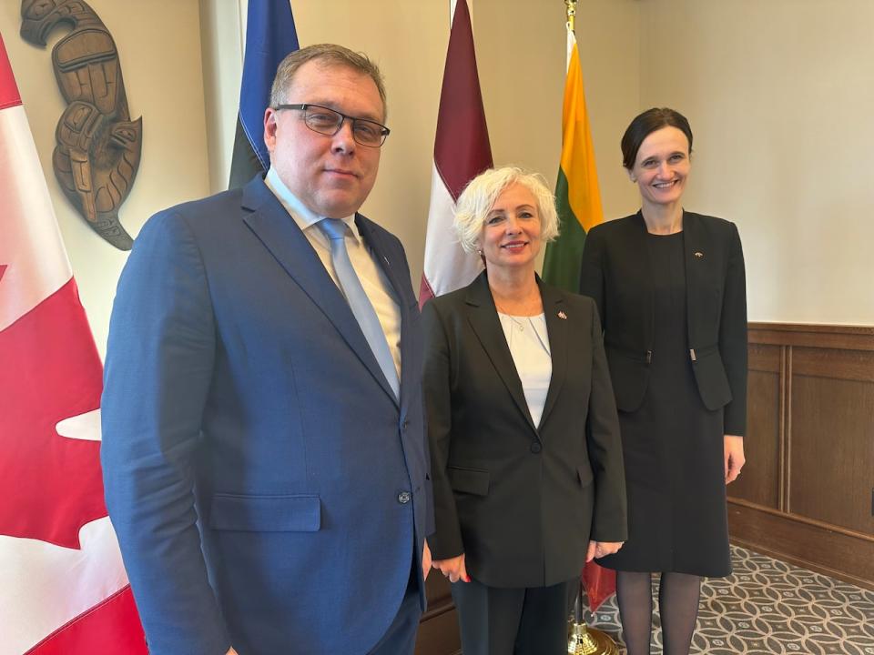 Lauri Hussar (left), speaker of the Estonian legislature; Daiga Mierina, speaker of the Latvian parliament and Viktorija Cmilyte-Nielsen (right), speaker of the Lithuanian legislature visited Ottawa on Monday to meet with senior Canadian government officials.  