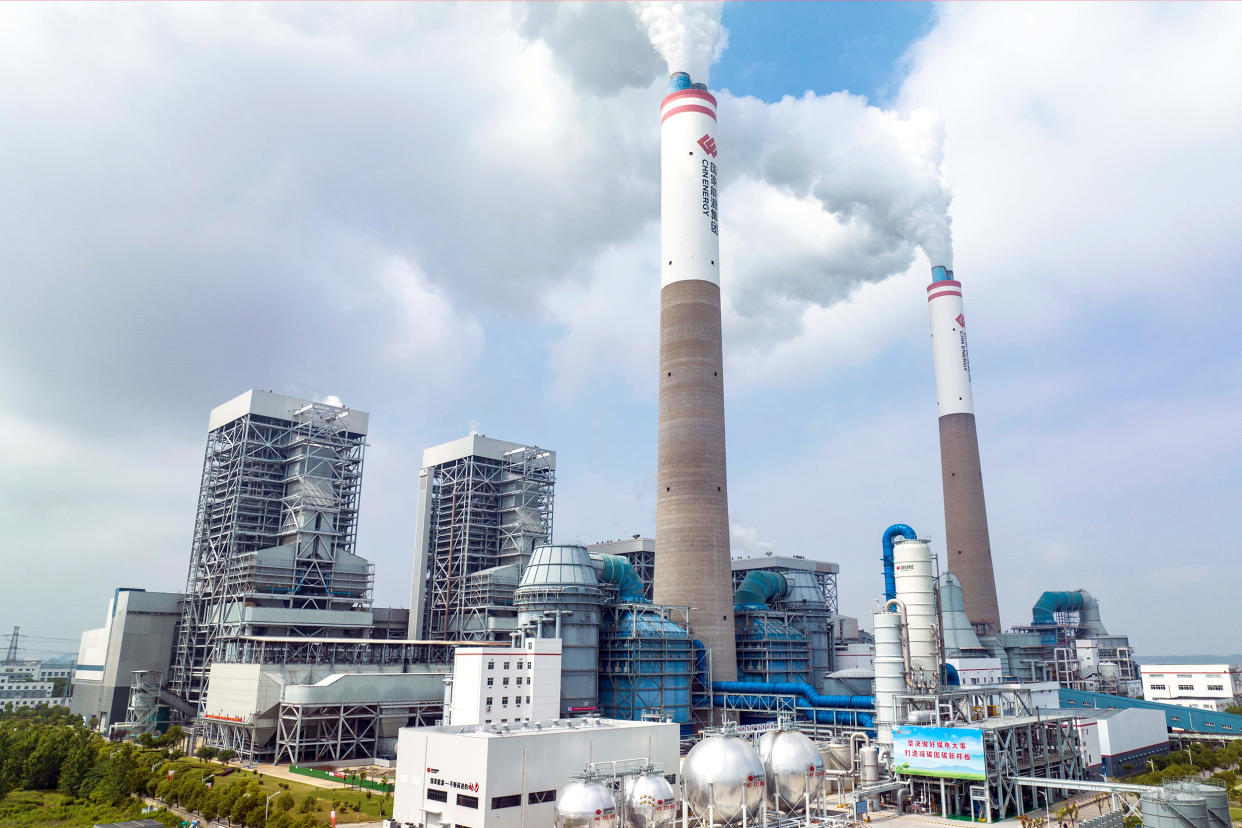 This aerial photo taken on June 1, 2023 shows the carbon capture, utilization and storage facility at Taizhou coal-fired power plant of China Energy Investment Corporation China Energy in Taizhou, east China's Jiangsu Province.  China Energy on Friday announced that it has put Asia's largest carbon capture, utilization and storage CCUS facility for the coal-fired power generation sector into operation in east China's Jiangsu Province.  TO GO WITH 