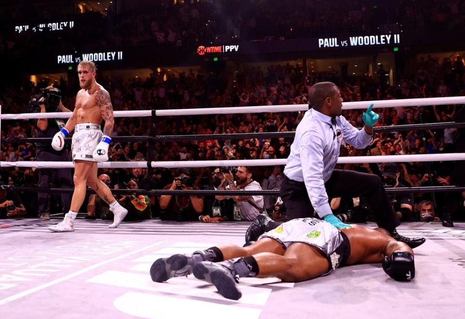 Jake Paul looks on after inflicting a devastating knockout on Tyron Woodley (Getty)
