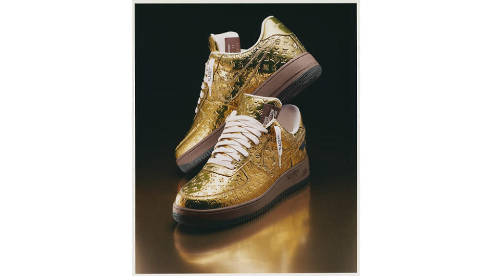 The luxe metallic gold sneakers from the Louis Vuitton and Nike by Virgil Abloh collab. - Credit: Louis Vuitton
