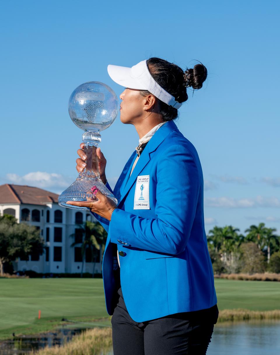 Amy Yang celebrates winning the CME Group Tour Championship at the Tiburon Golf Club in Naples, Fla., on Sunday, November 19, 2023.