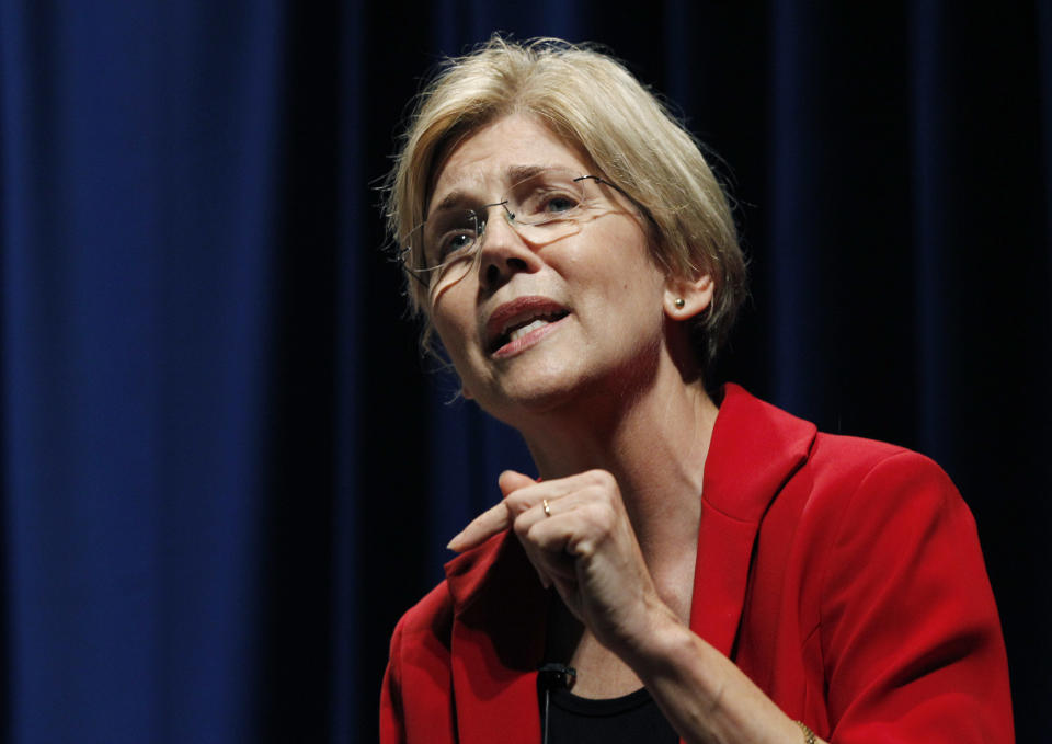 Elizabeth Warren speaks in Lowell, Mass. Tuesday, Oct. 4, 2011 during a debate between six Massachusetts Democratic candidates for the U.S. Senate seat held by Republican Scott Brown. (AP Photo/Elise Amendola)