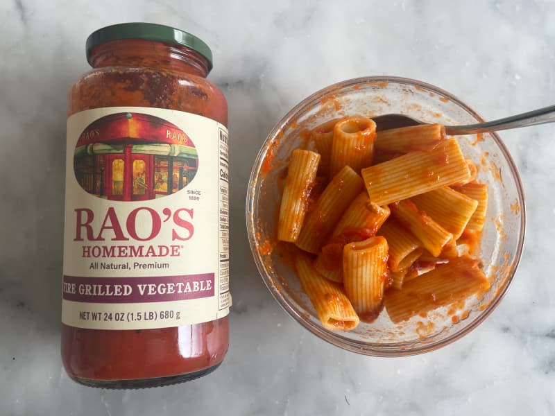 Rao's new sauces taste test: jar of the Fire Grilled Vegetable sauce next to a bowl of rigatoni