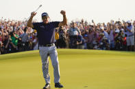 Phil Mickelson celebrates after winning the final round at the PGA Championship golf tournament on the Ocean Course, Sunday, May 23, 2021, in Kiawah Island, S.C. (AP Photo/David J. Phillip)