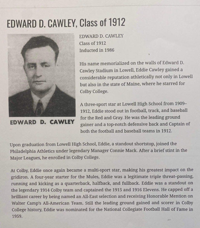 Winnacunnet High School senior Jack Hogan is the great, great grand nephew of Edward Cawley. Hogan will play his final high school football game on Thanksgiving morning against Lowell High School at Edward D. Cawley Memorial Stadium. Cawley, a 1912 graduate of Lowell, was a three-sport star at the Massachusetts high school.