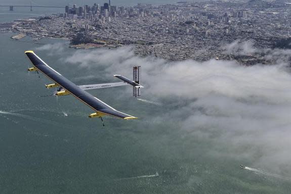 The Solar Impulse plane is pictured here on a flight over San Francisco, Calif.