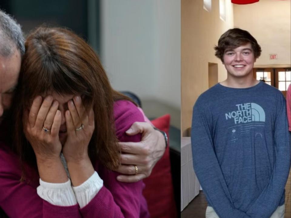 Sally Glass is comforted by her husband Simon. Their son Christian, 22, is seen on the far right (Associated Press and The Glass Family)