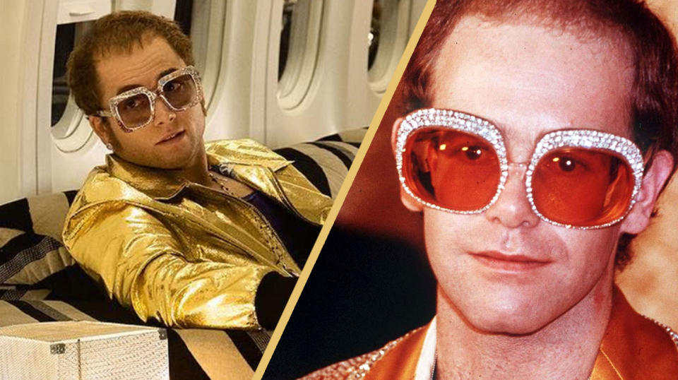 Taron Egerton as Elton John, pictured alongside the real deal in 1976 (Paramount/Rex)