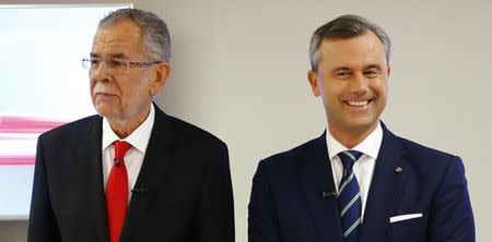 Austrian presidential candidate Alexander Van der Bellen (L), who is supported by the Greens, and Norbert Hofer of the FPOe pose for photographers before a TV discussion in Vienna, Austria, December 1, 2016. REUTERS/Leonhard Foeger